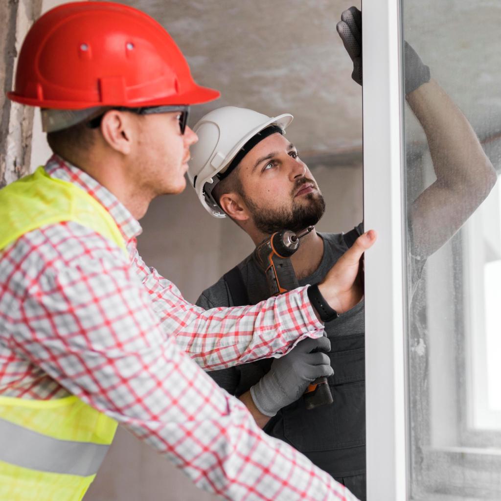 Two technicians wearing safety helmets repairing a residential door, using tools and inspecting alignment.